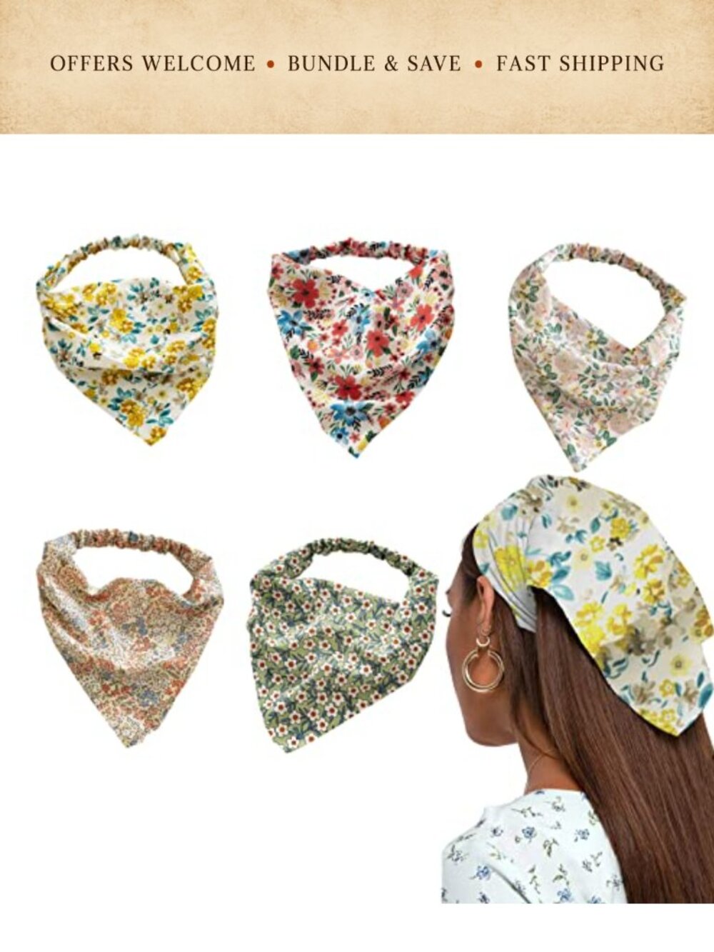 5 Pack Floral Chiffon Elastic Headbands Boho Hair Kerchief Scarf Women